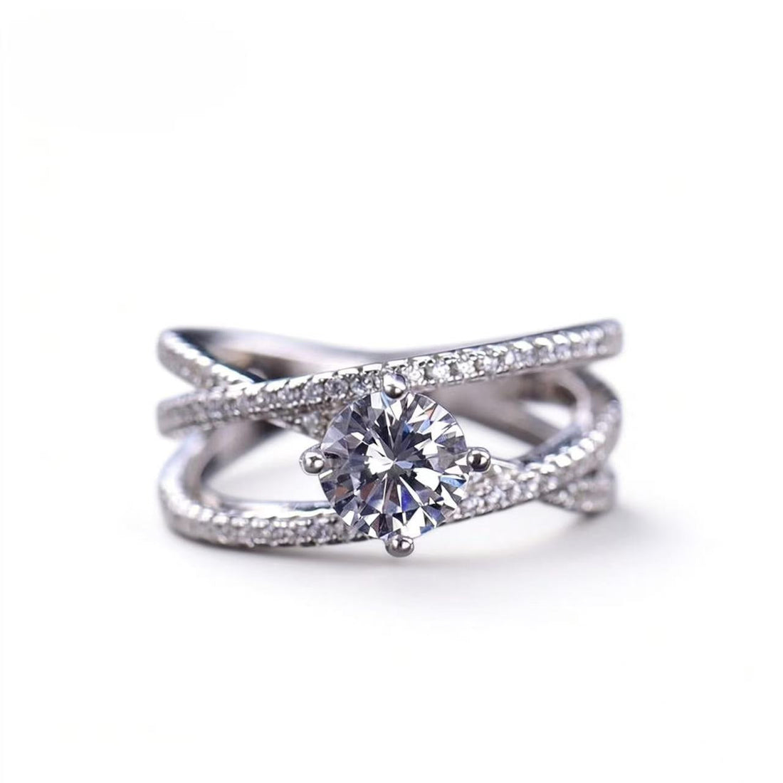 Round lab-grown diamond ring in a white metal band