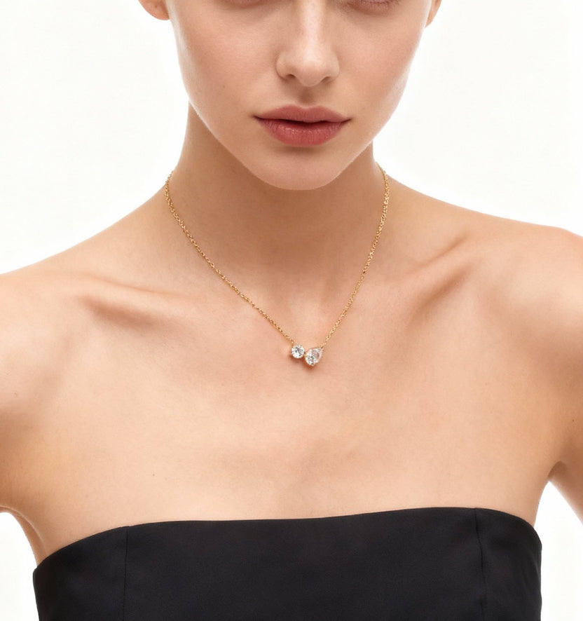 Model wearing the Aetheris Elegant Duet lab-grown diamond necklace