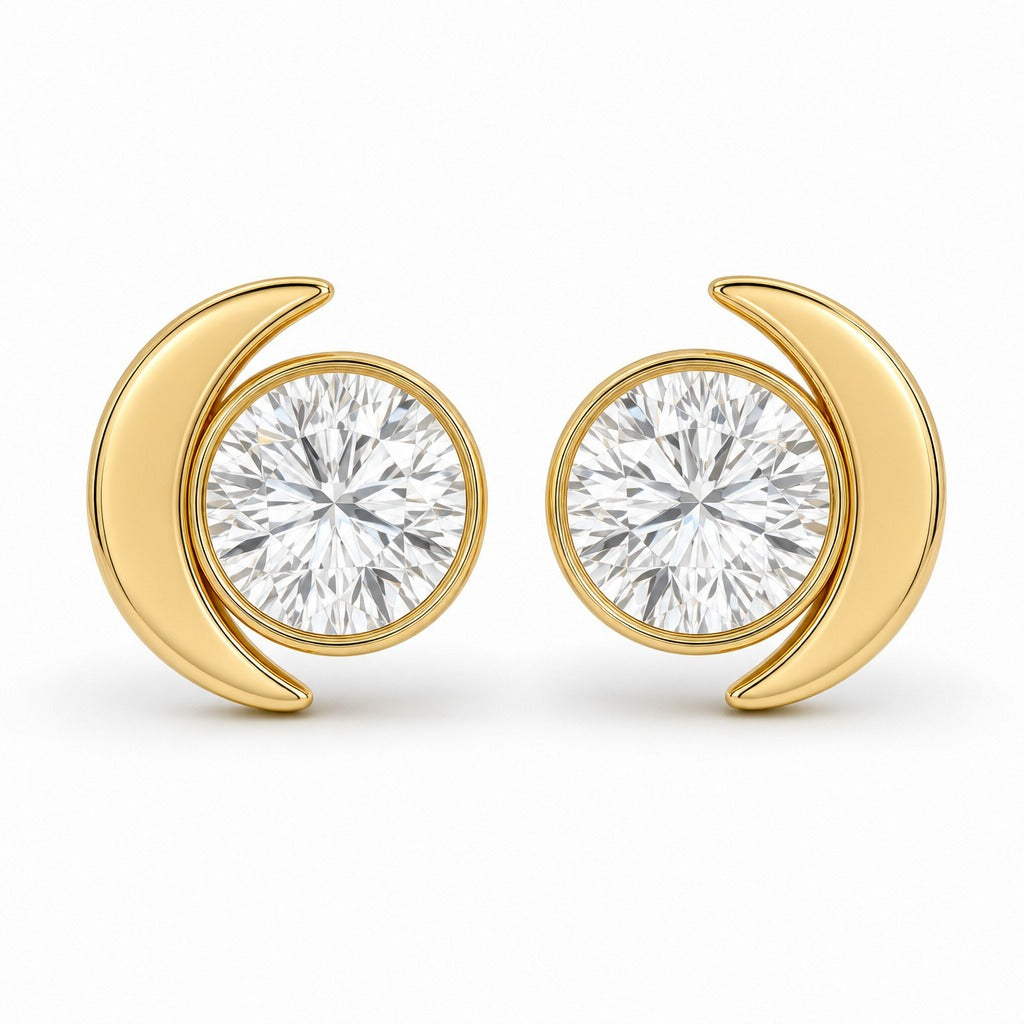 Aetheris Waxing and Waning Moon Studs, round lab-grown diamond stud earrings, 18K yellow gold