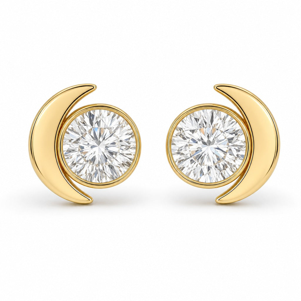Aetheris Waxing and Waning Moon Studs, round lab-grown diamond stud earrings, 18K yellow gold