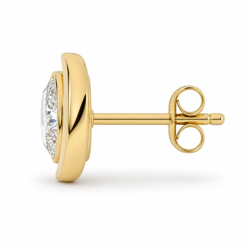 Aetheris Waxing and Waning Moon Studs, round lab-grown diamond stud earrings, side profile showing the post and push-back