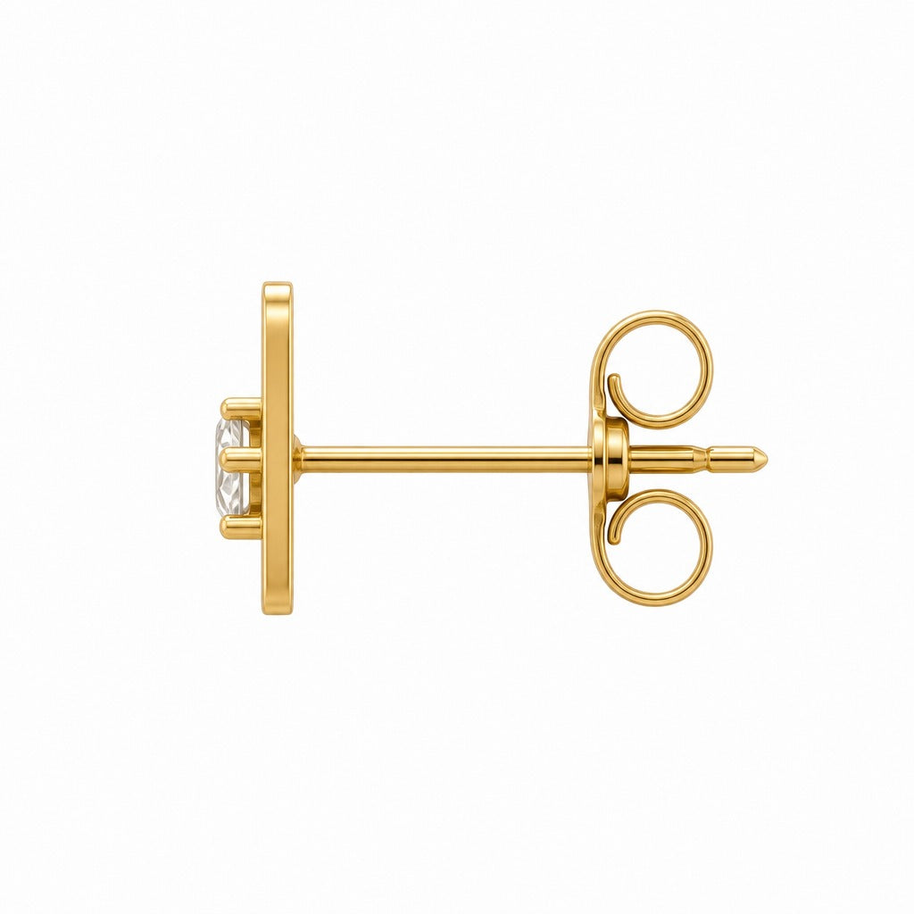 Aetheris First Light Sun Studs, round lab-grown diamond stud earrings, side profile showing the post and push-back