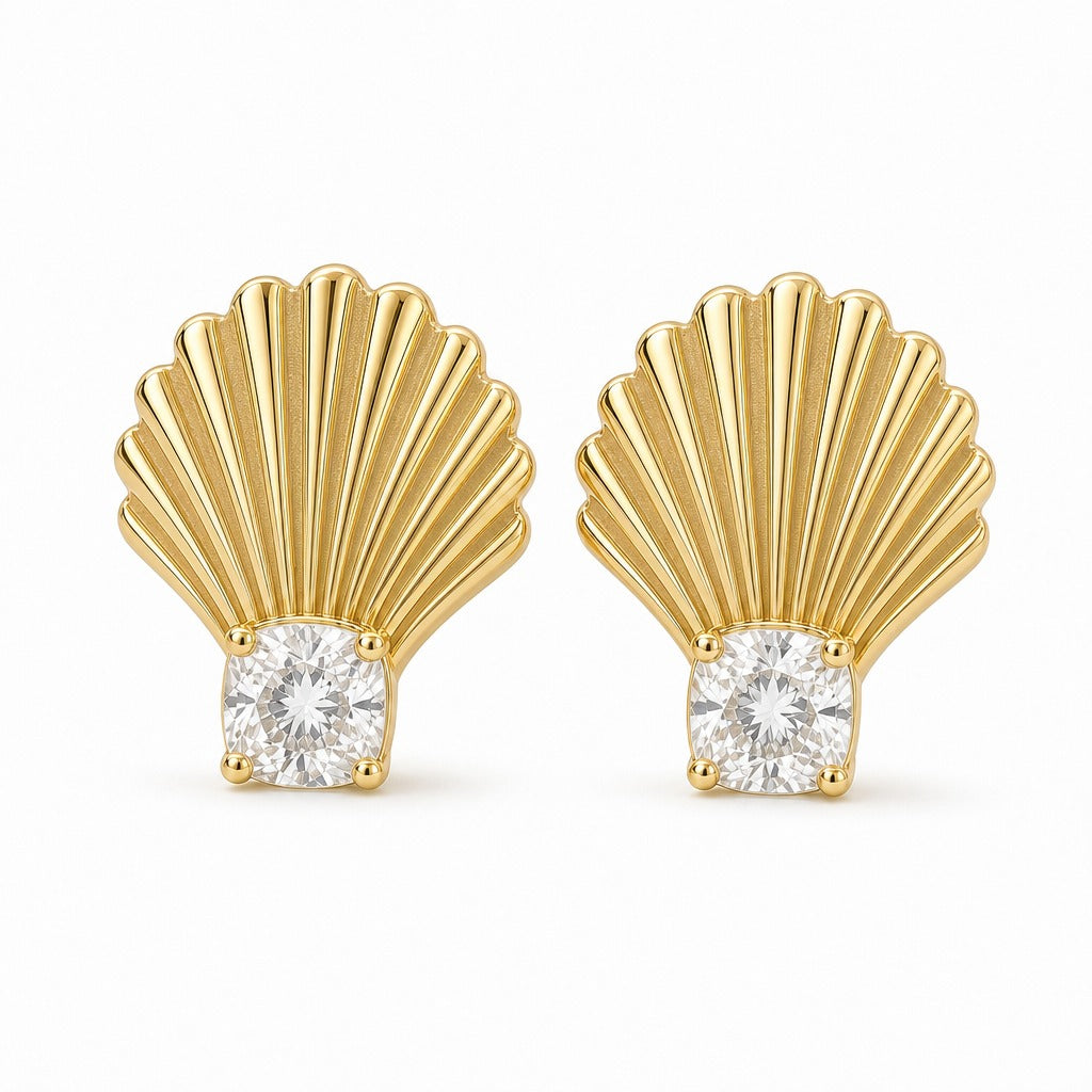 Aetheris Ribbed Scallop Shell Studs, cushion lab-grown diamond stud earrings, 18K yellow gold