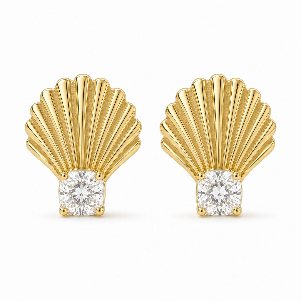 Aetheris Ribbed Scallop Shell Studs, cushion lab-grown diamond stud earrings, 18K yellow gold