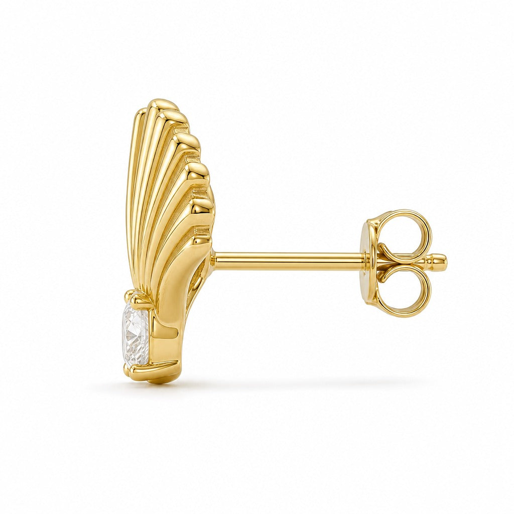 Aetheris Ribbed Scallop Shell Studs, cushion lab-grown diamond stud earrings, side profile showing the post and push-back