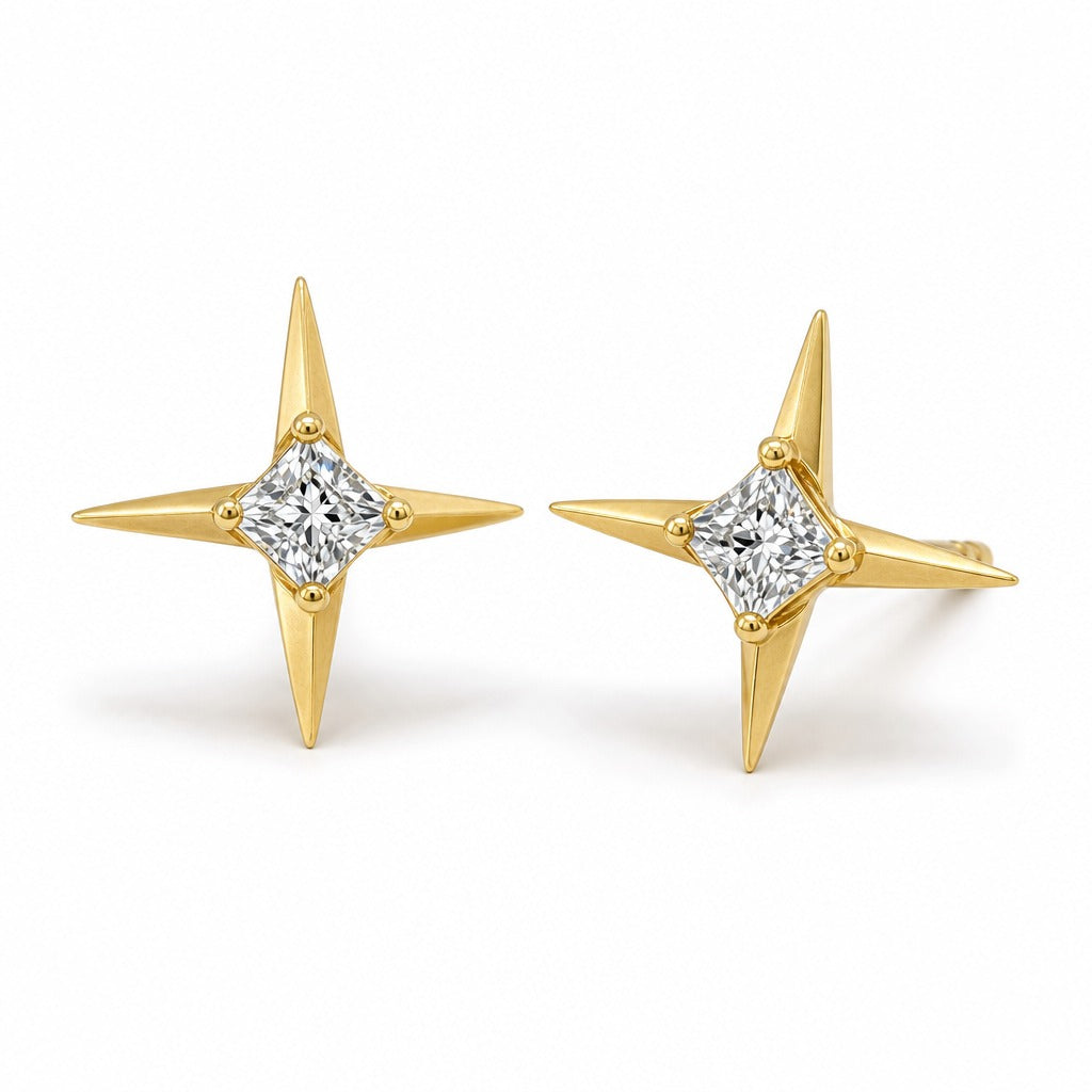 Aetheris North Point Star Studs, princess lab-grown diamond stud earrings, 18K yellow gold