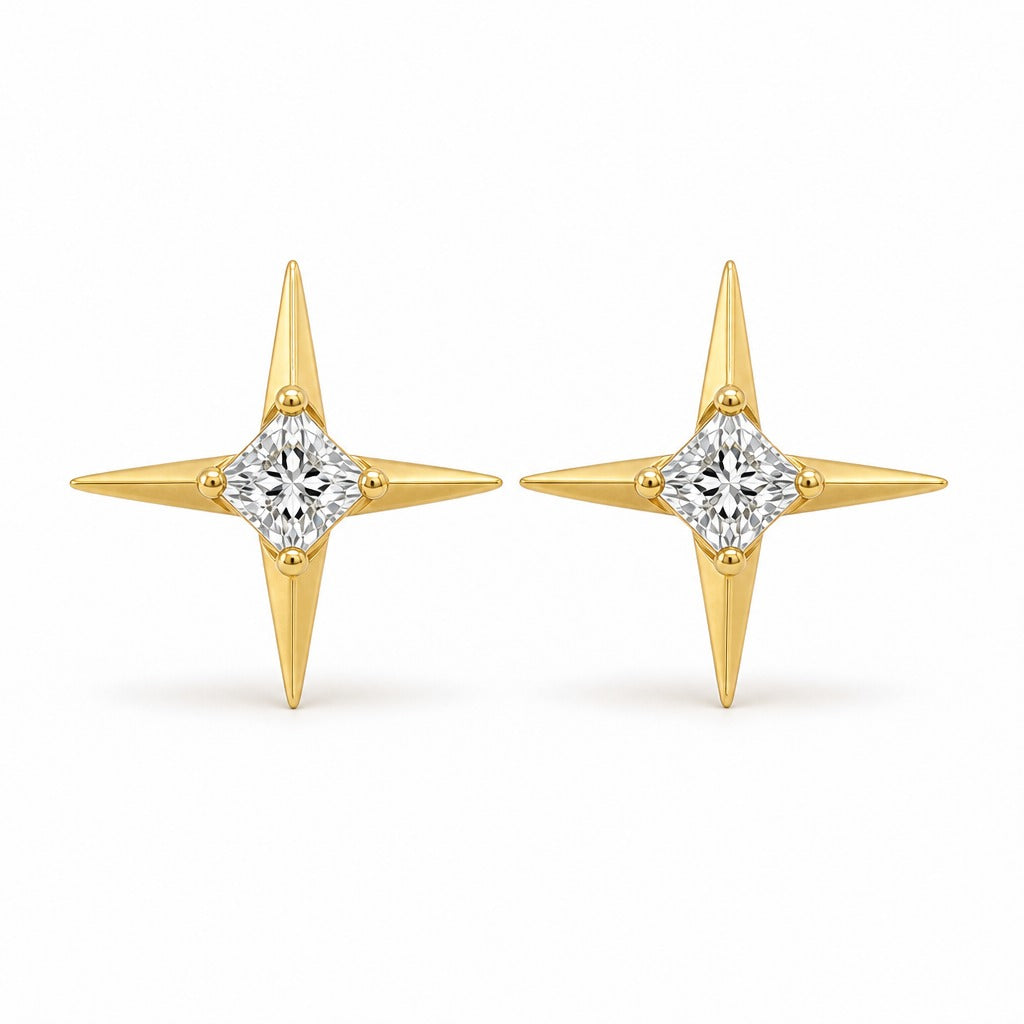 Aetheris North Point Star Studs, princess lab-grown diamond stud earrings, 18K yellow gold
