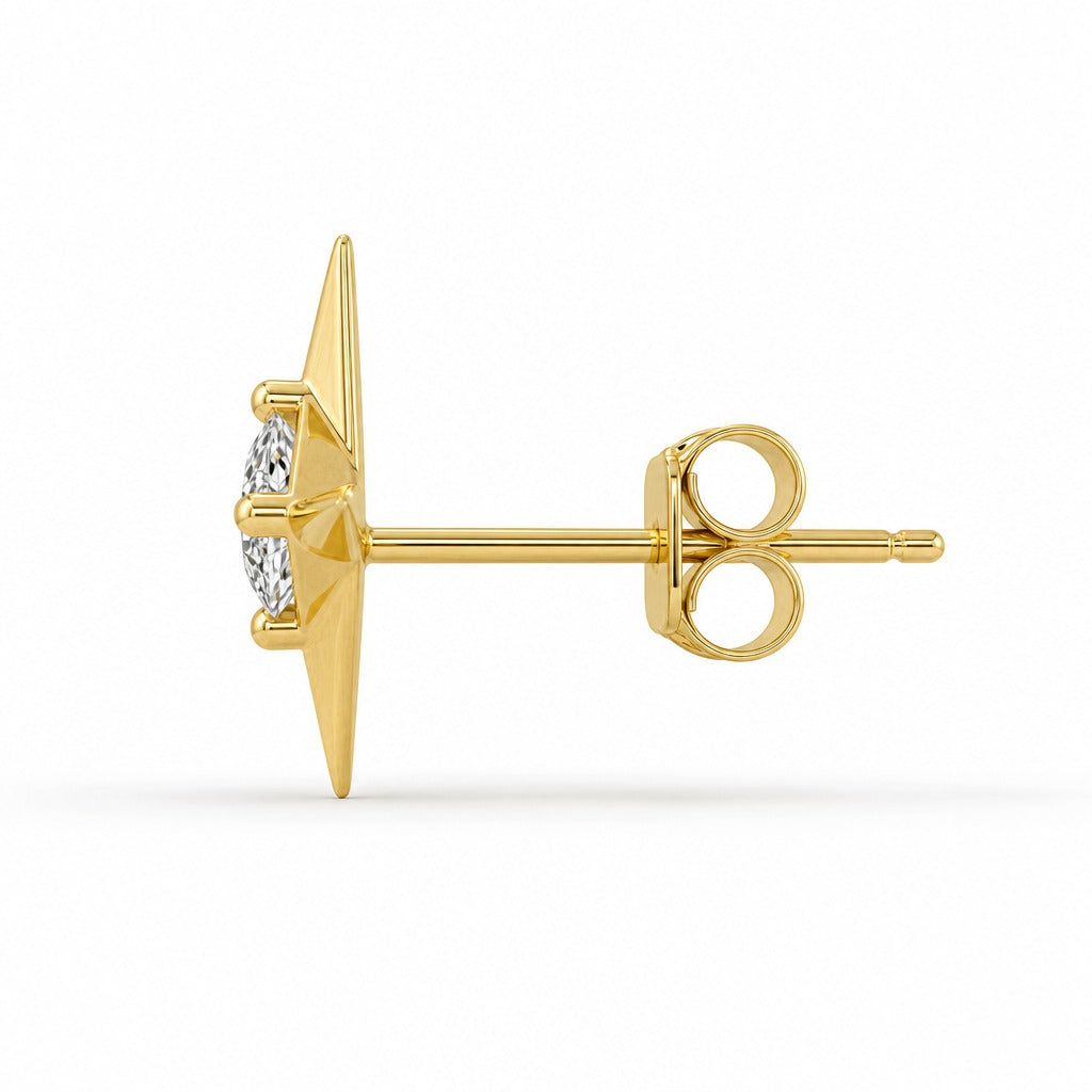 Aetheris North Point Star Studs, princess lab-grown diamond stud earrings, side profile showing the post and push-back