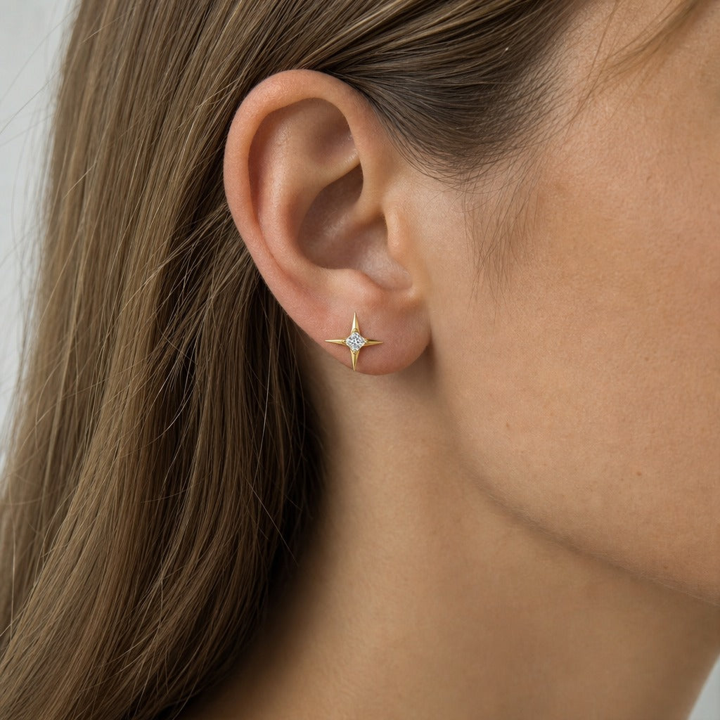 Aetheris North Point Star Studs, princess lab-grown diamond stud earrings, worn on the ear, side view