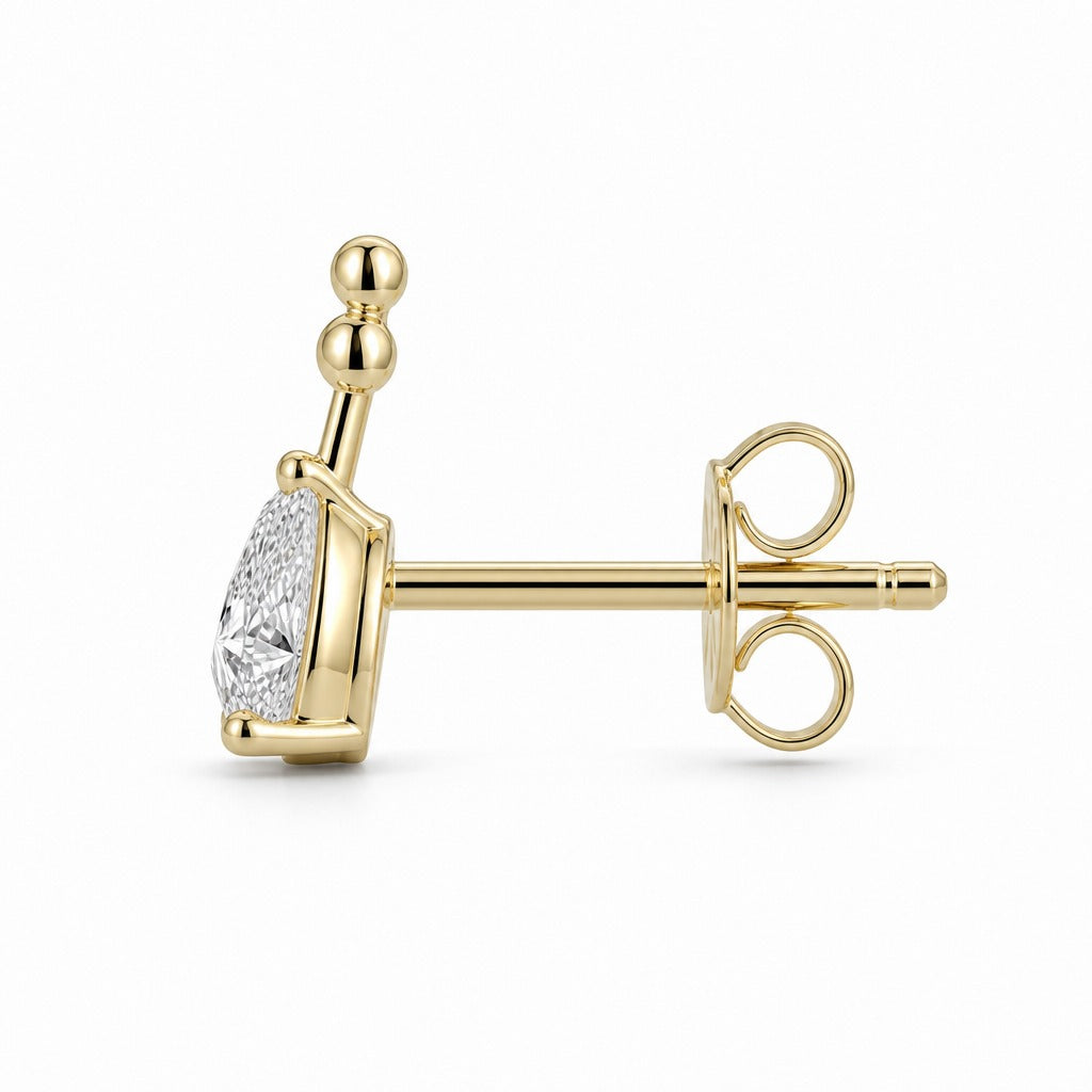 Aetheris Slanting Rain Pear Studs, pear lab-grown diamond stud earrings, side profile showing the post and push-back