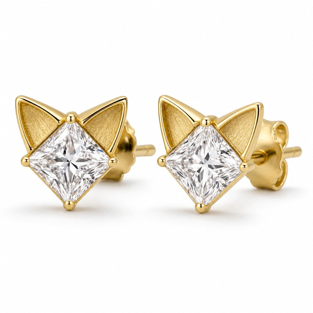 Aetheris Quiet Fox Princess Studs, princess lab-grown diamond stud earrings, 18K yellow gold