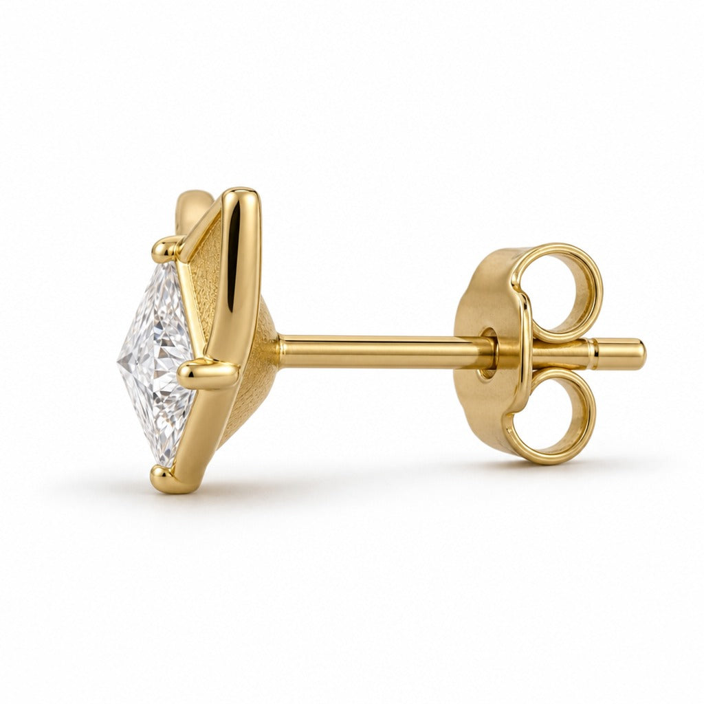 Aetheris Quiet Fox Princess Studs, princess lab-grown diamond stud earrings, side profile showing the post and push-back