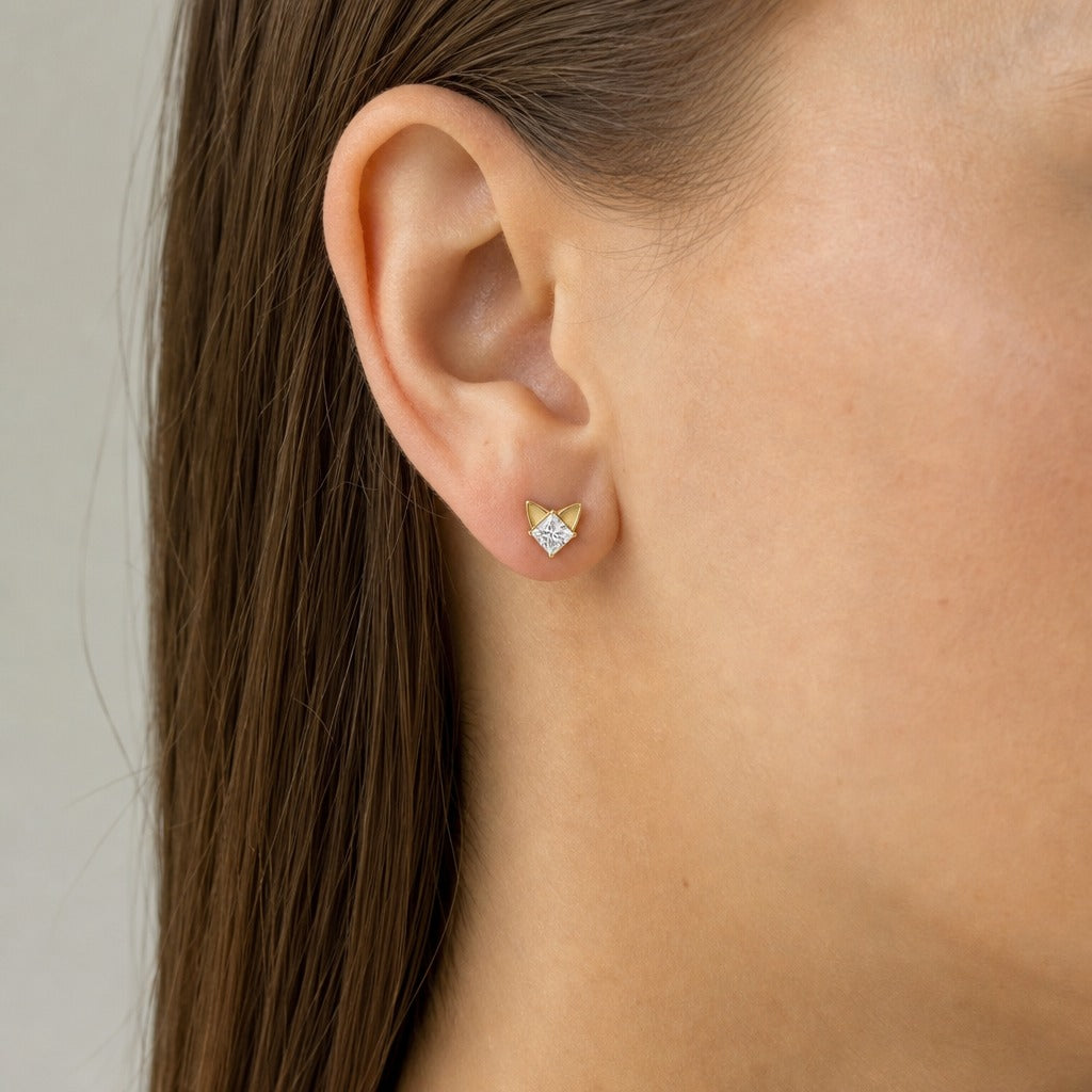 Aetheris Quiet Fox Princess Studs, princess lab-grown diamond stud earrings, worn on the ear, side view