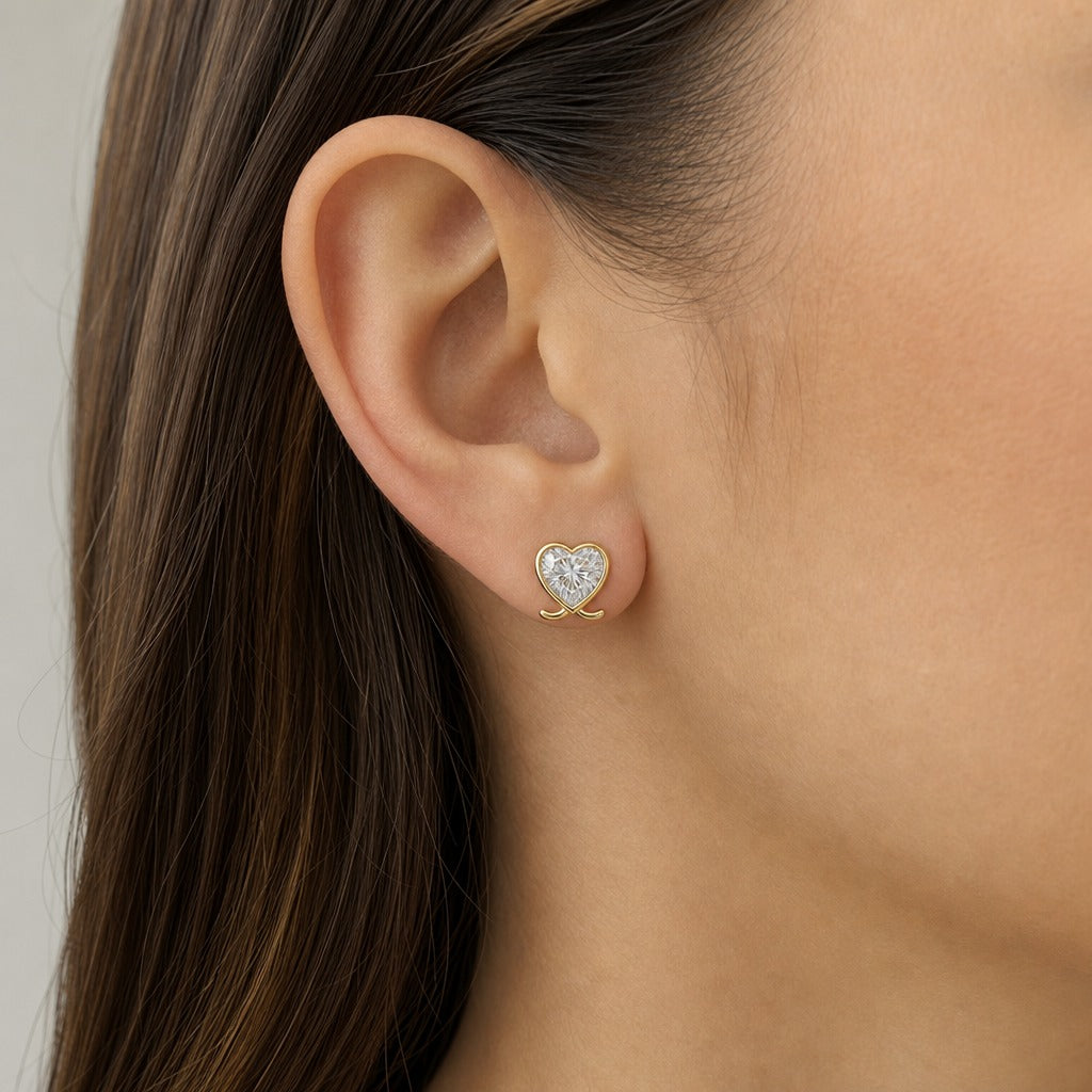 Aetheris Velvet Nose Heart Studs, heart lab-grown diamond stud earrings, worn on the ear, side view