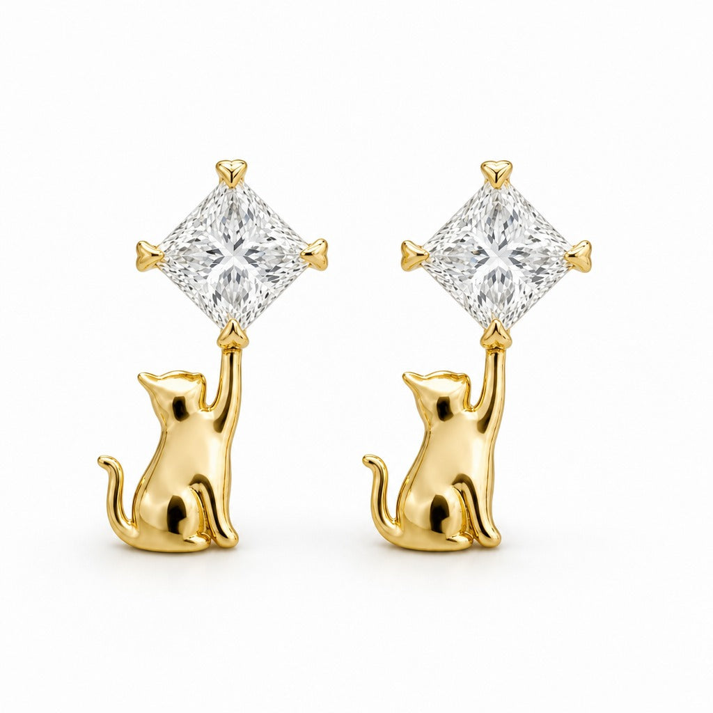 Aetheris Reaching Star Princess Studs, princess lab-grown diamond stud earrings, 18K yellow gold