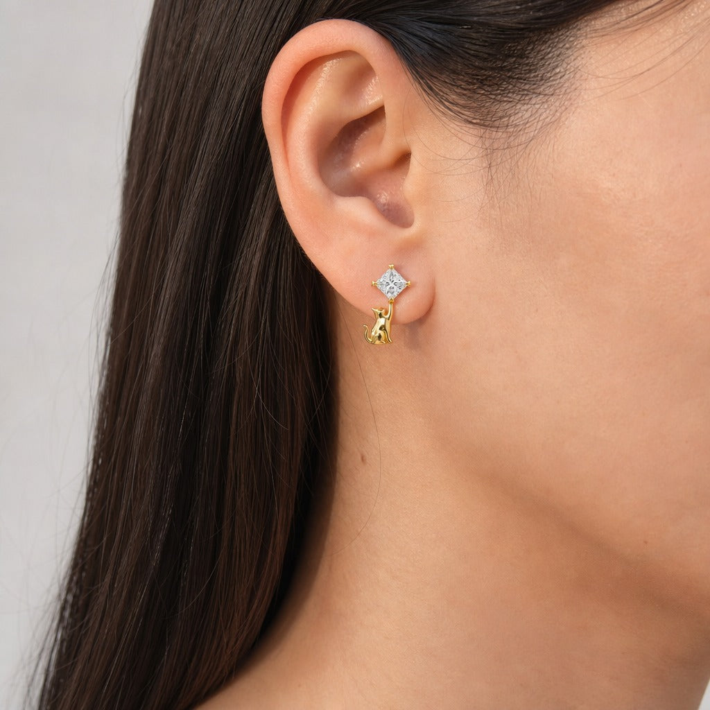 Aetheris Reaching Star Princess Studs, princess lab-grown diamond stud earrings, worn on the ear, side view