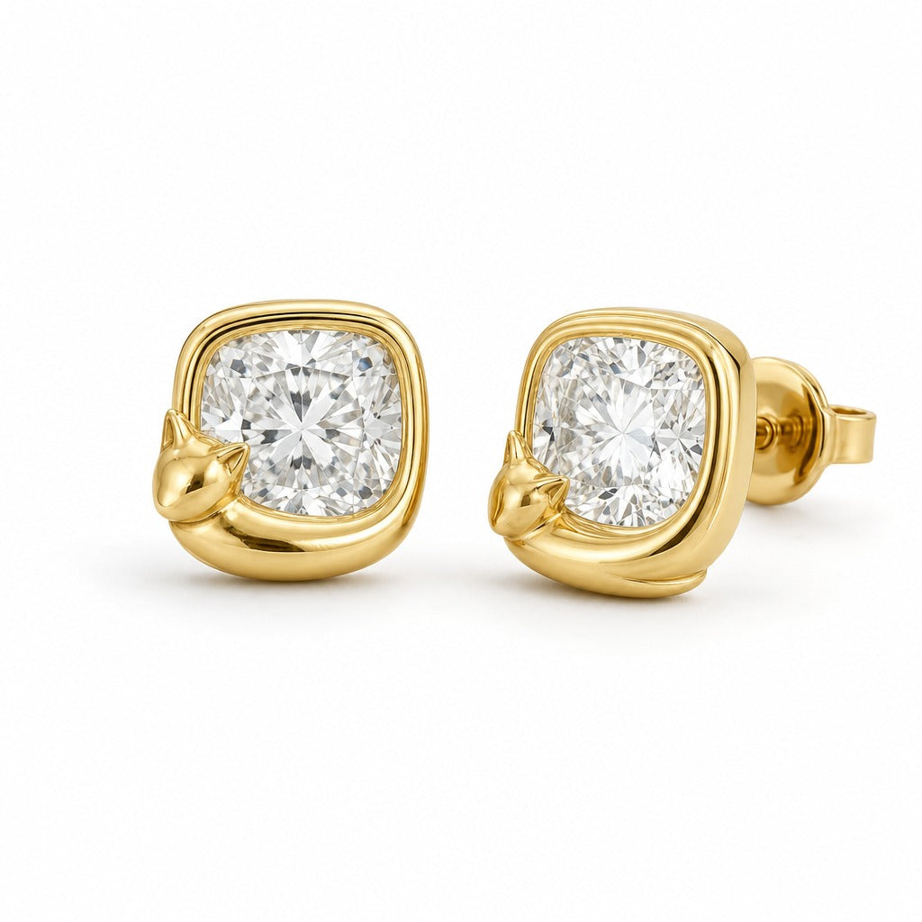 Aetheris Cushion Nap Cat Studs, cushion lab-grown diamond stud earrings, 18K yellow gold