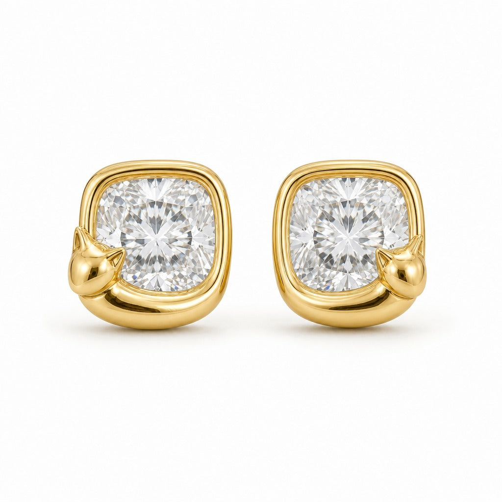 Aetheris Cushion Nap Cat Studs, cushion lab-grown diamond stud earrings, 18K yellow gold