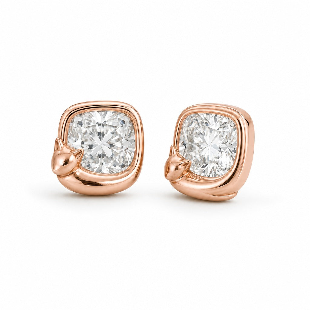 Aetheris Cushion Nap Cat Studs, cushion lab-grown diamond stud earrings, 18K rose gold