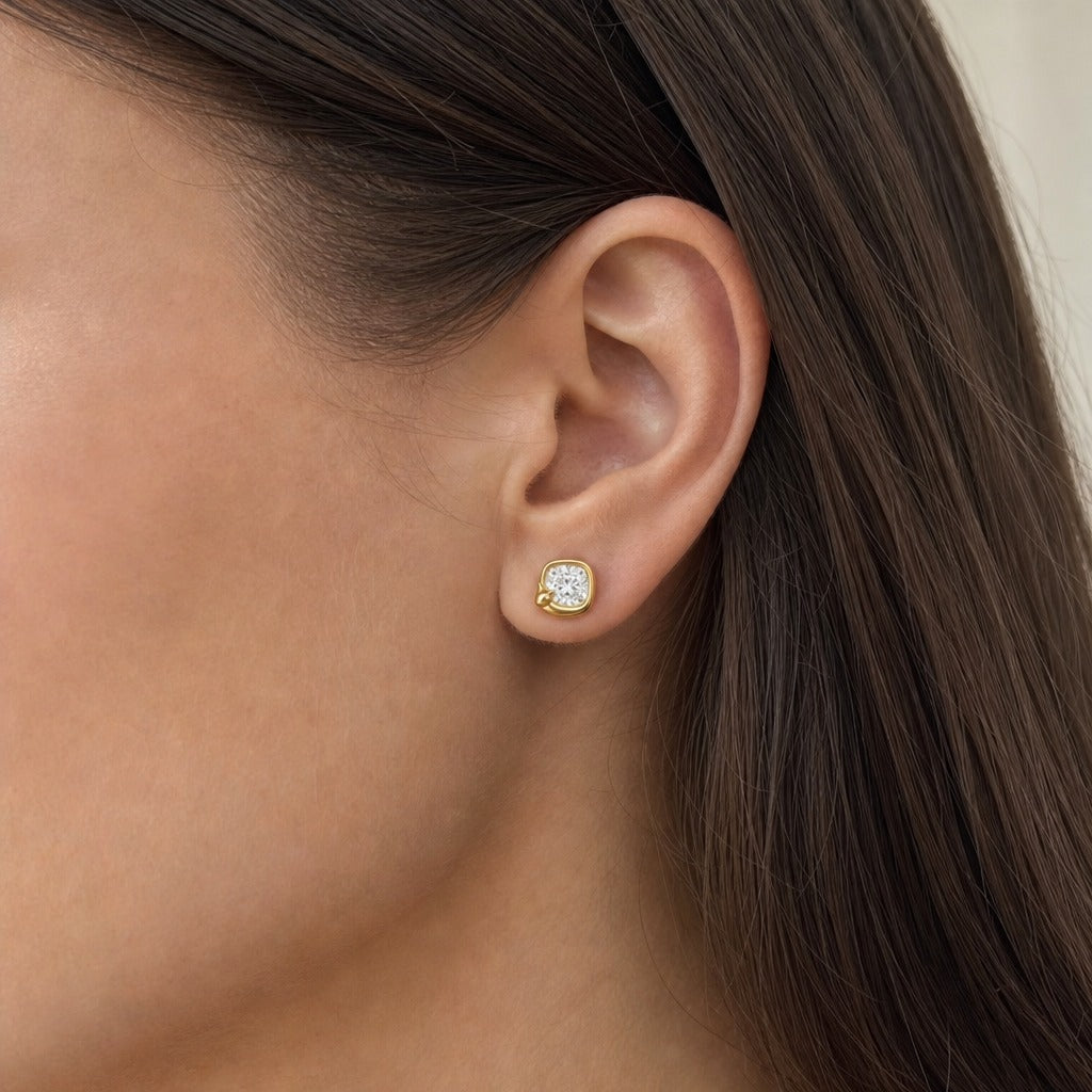 Aetheris Cushion Nap Cat Studs, cushion lab-grown diamond stud earrings, worn on the ear, side view