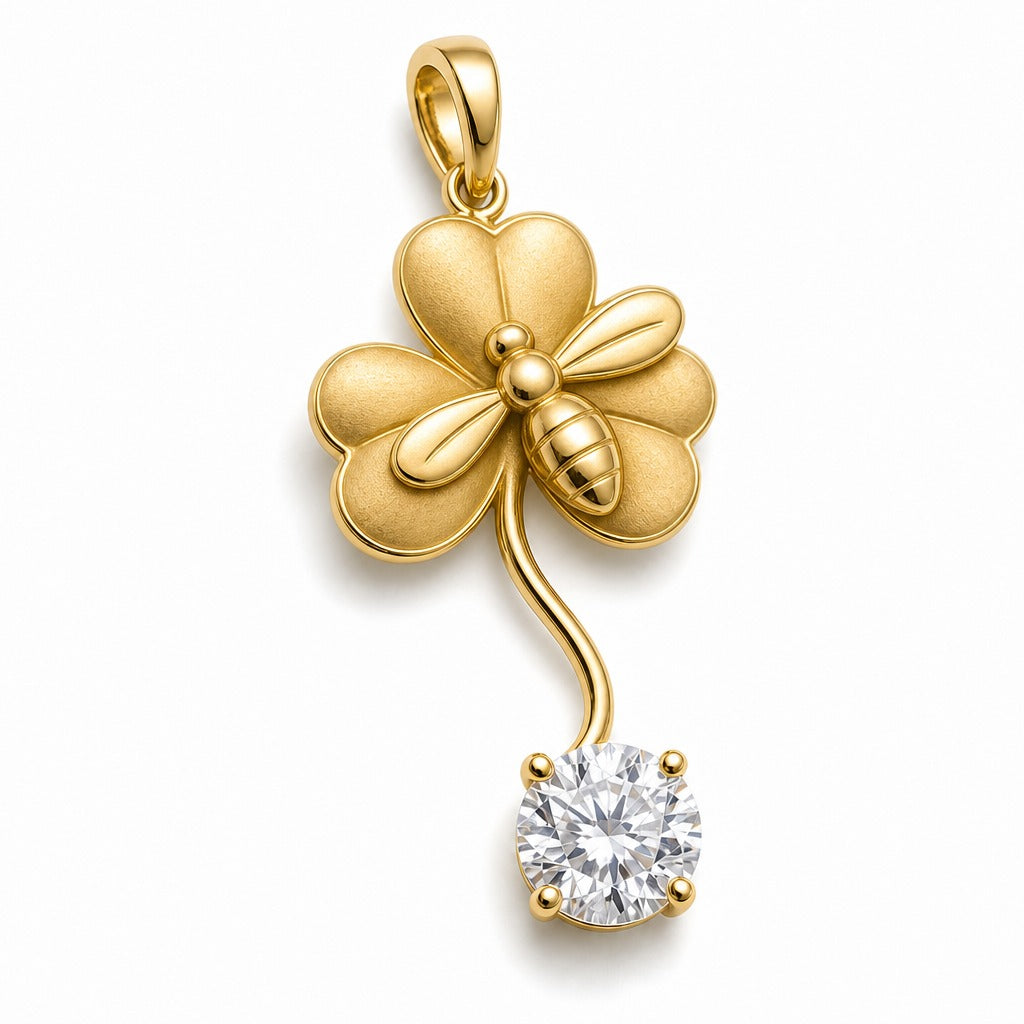Aetheris Bee on Clover Pendant, lab-grown diamond pendant, 18K yellow gold