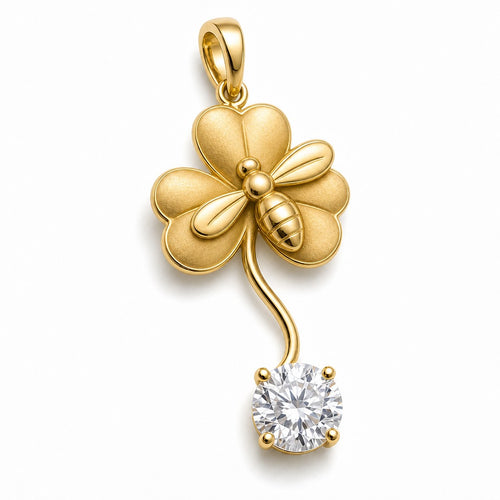 Aetheris Bee on Clover Pendant, lab-grown diamond pendant, 18K yellow gold