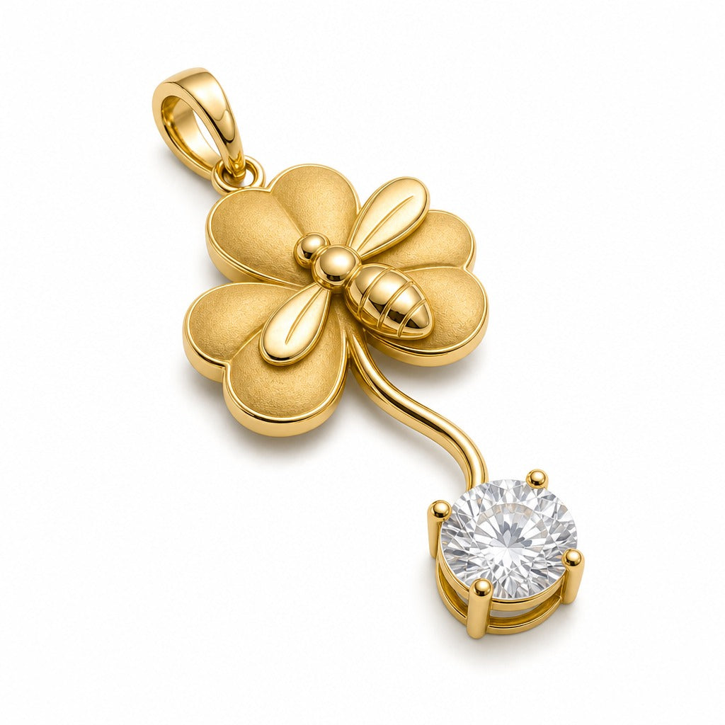Aetheris Bee on Clover Pendant, lab-grown diamond pendant, side profile