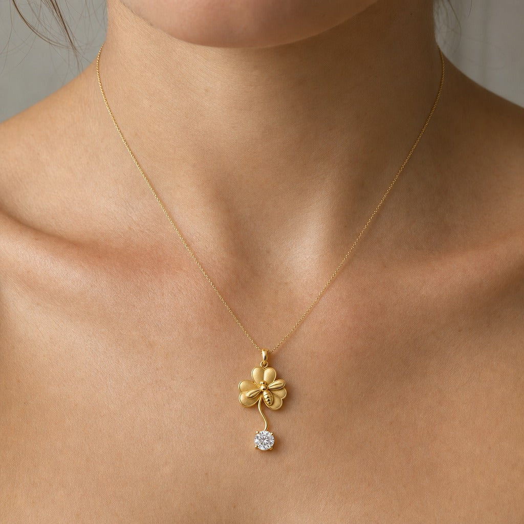 Aetheris Bee on Clover Pendant, lab-grown diamond pendant, worn