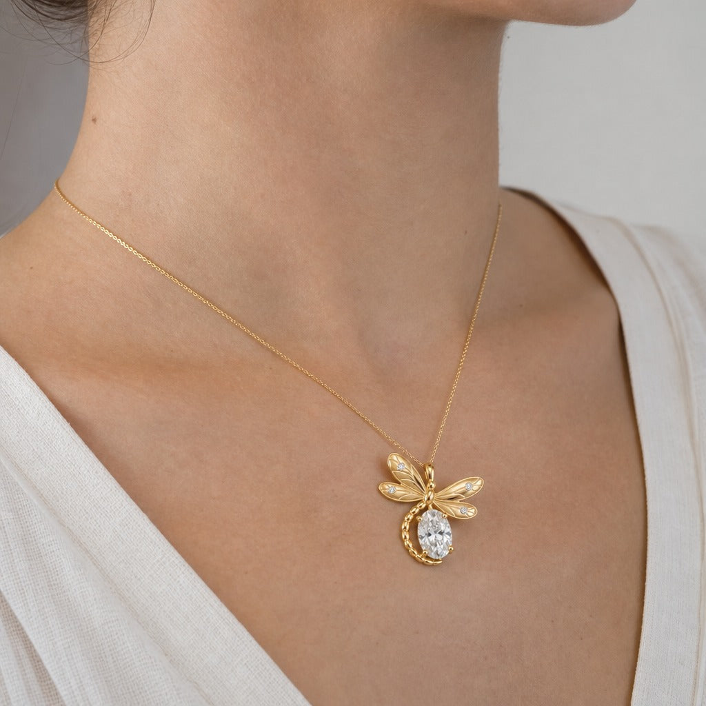 Aetheris Dragonfly Oval Diamond Pendant, lab-grown diamond pendant, worn