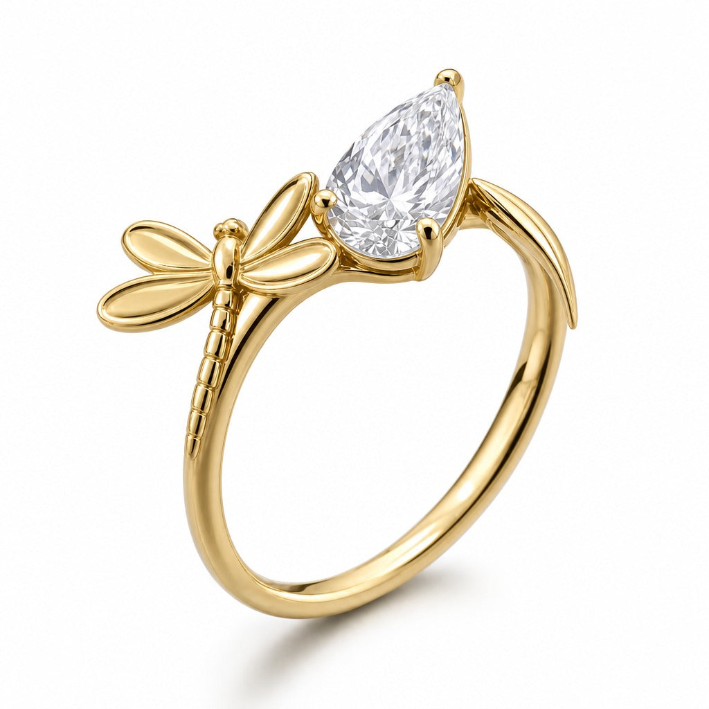 Aetheris Dragonfly and Reed Pear Diamond Ring, lab-grown diamond ring, 18K yellow gold