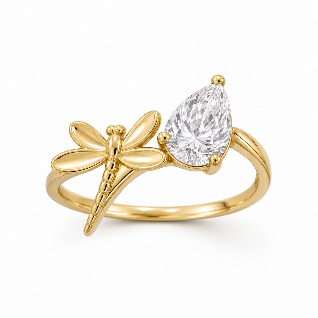 Aetheris Dragonfly and Reed Pear Diamond Ring, lab-grown diamond ring, from above