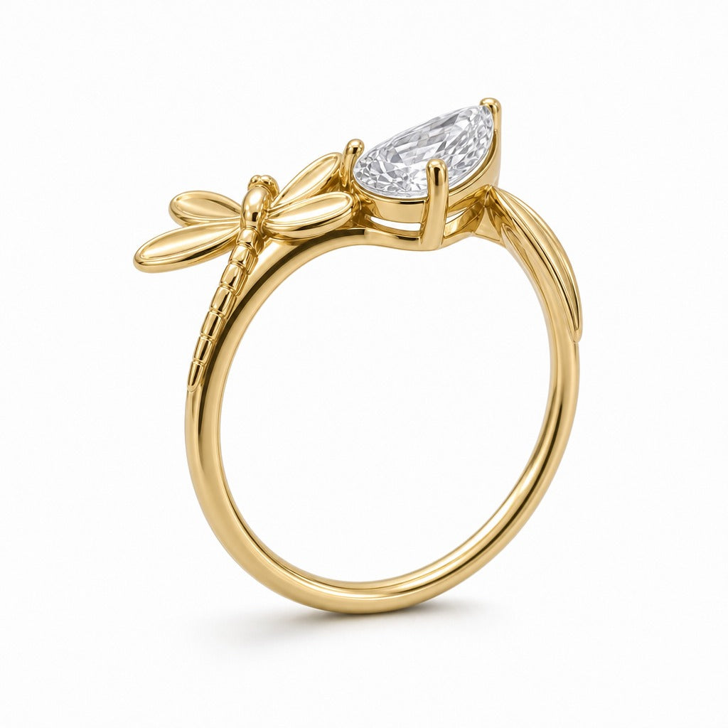 Aetheris Dragonfly and Reed Pear Diamond Ring, lab-grown diamond ring, side profile