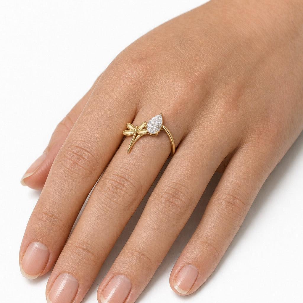 Aetheris Dragonfly and Reed Pear Diamond Ring, lab-grown diamond ring, worn